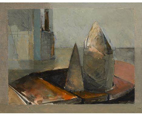 Brad Widness (American, 20th/21st c). Acrylic on paper and board painting titled "Cone, Rocket-vessel" depicting a cone and r
