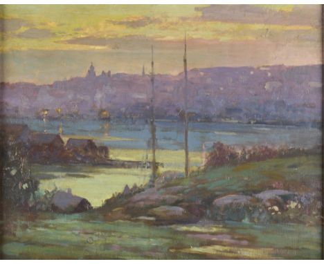 Frederick Lincoln Stoddard (Canadian/American, 1861-1940). Oil on board landscape painting depicting an idyllic riverside wit