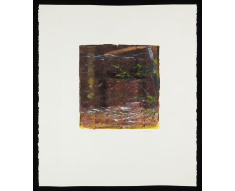 Steven Pentak (American, 20th/21st c). Oil on paper abstract landscape painting depicting a tree against an ochre background,