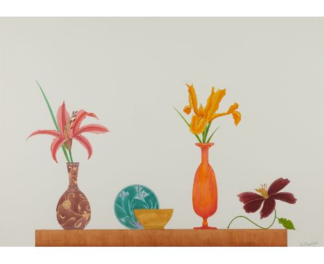 Ed Baynard (American, 1940-2016). Watercolor on paper painting titled "The Constancy Of Orange" depicting orange and pink lil