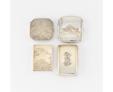 Group of two 950 silver compacts and two Eastern cigarette cases. Including:One silver compact with floral details and empty 