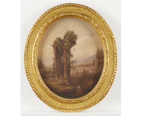 George Winter (American, 1810-1876). Oval oil on canvas landscape painting titled "The Broken Arch" depicting ruins overgrown