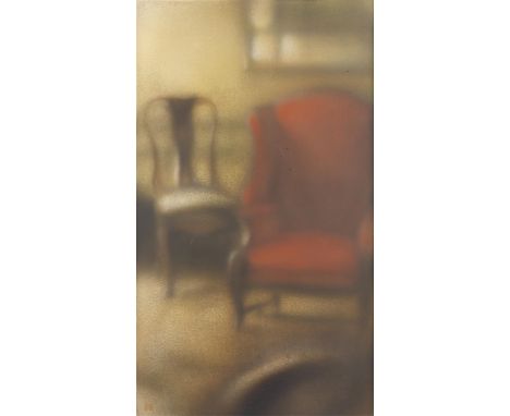 Nikolai Makarov (Russian, b. 1952). Acrylic on board painting depicting two chairs in a room, portrayed as if viewed through 