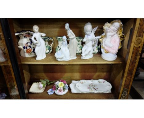 2 shelves of china – set 4 Masons vases, Madonna with child, trays, Nao nativity etc