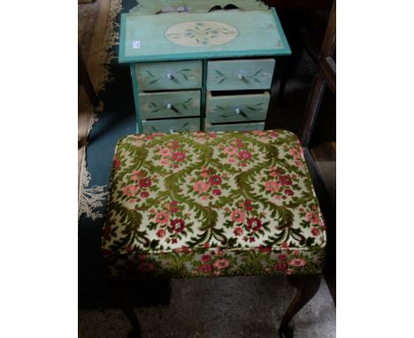 3 items – stool with Queen Ann legs, painted pine cabinet of drawers & modern coffee table (3)