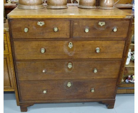 Georgian Mahogany Chest of Drawers, inlaid with brass drawer knobs (2 short over 3 long), bracket feet, 42”w x 43”h