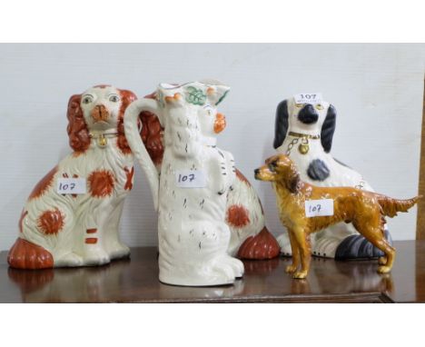 Pair of Staffordshire dogs, 2 single Staffordshire dogs & a Goebel red setter (5)