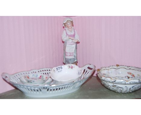 Irish Dresden Trinket Dish, bisque figure of lady, several small porcelain dishes etc