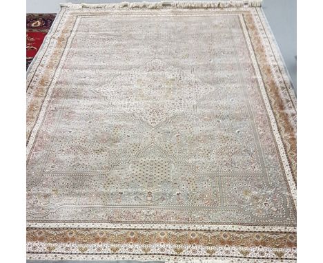 Duck egg blue ground woven silk carpet with a bespoke all over design 2.9m x 2m