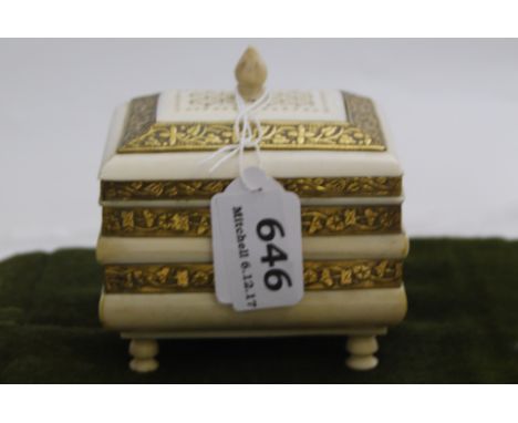 Ivory Trinket Casket with Lid, with decorative brass banding, 4”w