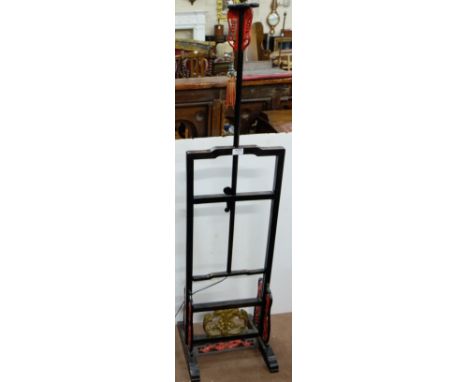 19thC Chinese Pole Stand, converted to a standard lamp, with red and gold fretwork on lower base, 59”h