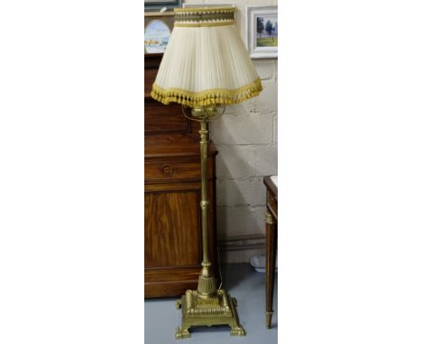 Victorian Brass Standard Oil Lamp, electrified, with a reeded central column and brass bowl, fluted shade, 57”h