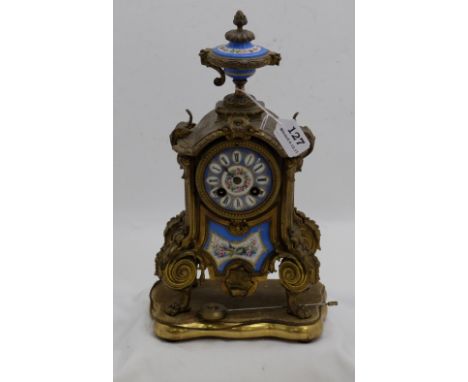 Ornamental French Mantle Clock with Serves dial and front panel, 14.5”h (not working) & a gilt stand 
