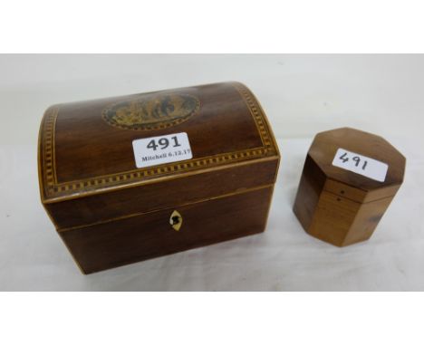 19thC Domed Top Tea Caddy, the lid inlaid with farming scene 6.5”w x 4”h & octagonal yew wood tea caddy (tin lined), 3” dia &