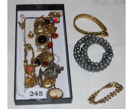 Large group of Costume Jewellery - gilt brooches and necklaces, chain link bracelets, earrings, small cameo necklace and larg