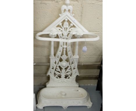 Victorian Stick Stand, painted white, with original tray, fretwork back 32”h