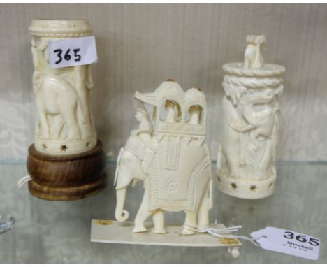 3 pieces of ornamental ivory, all carved with figures of elephants (was a table lamp, pediment etc). (3)