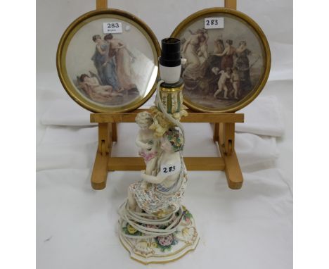 Porcelain Group of mother and child (converted to an electric lamp) & Pair of Bartellozi Style Circular Prints (3)