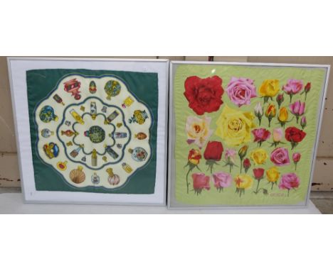 Pair of framed neckerchiefs, Gucci, 19”x19” and Hermes, 16.5”x 16.5” in larger frames (2)