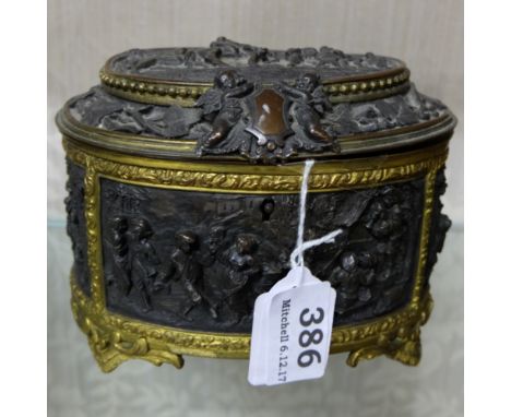 19thC French Spelter oval-shaped Caddy, with brass mounts and hinged lid, decorated in relief with tavern and country scenes,