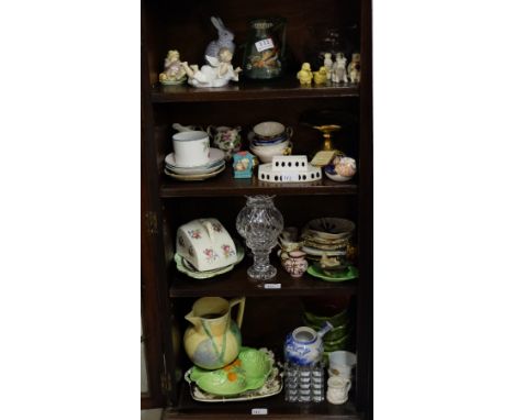 4 shelves of china – plates, Lladro child, glassware etc
