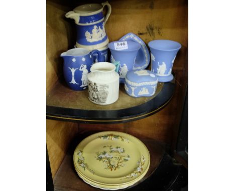 2 shelves Wedgewood items – blue and white low vases, jug etc & set of 3 beige ground floral plates, pair of shipping plates 
