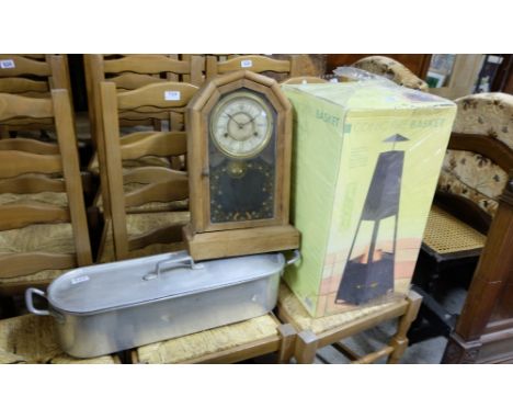 3 items, mantle clock (not working), new conic fire basket (in box) and stainless-steel fish steamer (3)