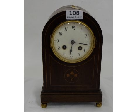 Mantle Clock in an inlaid mahogany case, white dial, 10”h