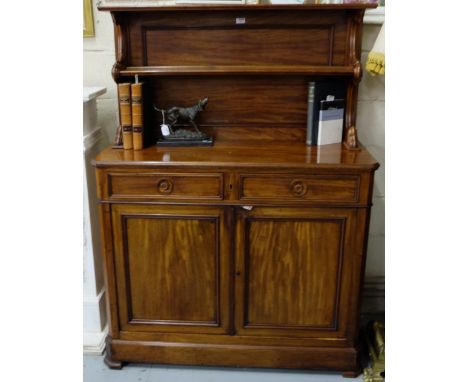 WMIV Mahogany Chiffionier, the raised rear gallery with shelf over two apron drawers and two cabinet doors enclosing shelves,