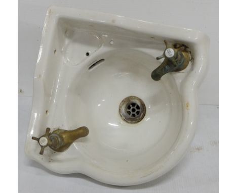 Small Ceramic Corner Sink with brass taps, stamped Alfred Johnson & Son, 13” x 13”