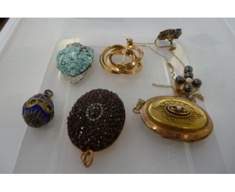 'Antique' and other items of personal ornament: to include a yellow metal oval pendant, set with garnets; and a hollow, gold 