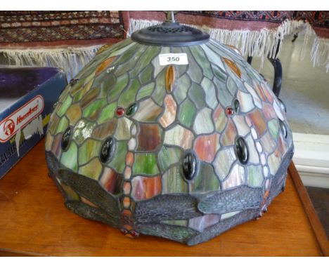 A modern Tiffany inspired lead glazed and coloured glass lamp shade, decorated with dragonfly and bead ornament  18''dia     