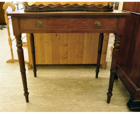 An early 19thC mahogany single drawer side table, the top with a reeded edge, raised on ring turned, tapered legs  29''h  30'