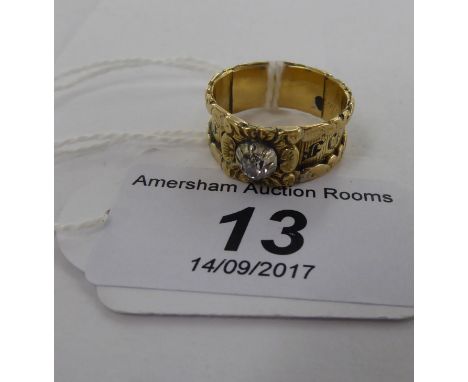An 'antique' cast and engraved, diamond set, gold coloured metal mourning ring       11