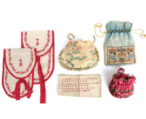 Assorted Decorative 18th/19th and Early 20th Century Embroidery and Bags, comprising a blue linen drawstring bag with panels 