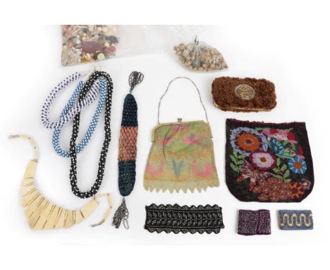 Assorted Bead Work and Accessories, comprising a miser purse, bead cuffs, bead evening bag decorated with flowers; painted me