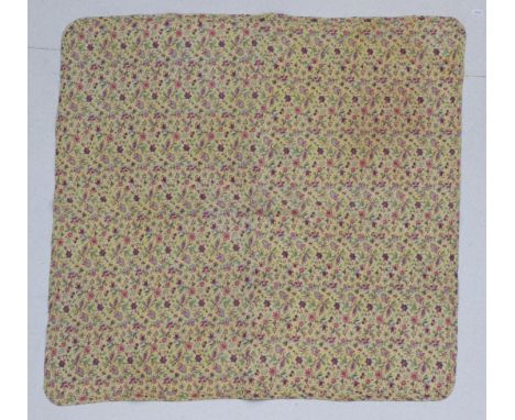 Circa 1780 French Yellow Floral Printed Whole Cloth Quilt, with striped and patched reverse, rounded corners, corded border, 