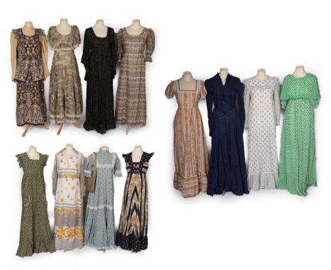 Circa 1970's Long Cotton Dresses, including an early Laura Ashley dress in pale blue floral cotton with crochet insertions, b