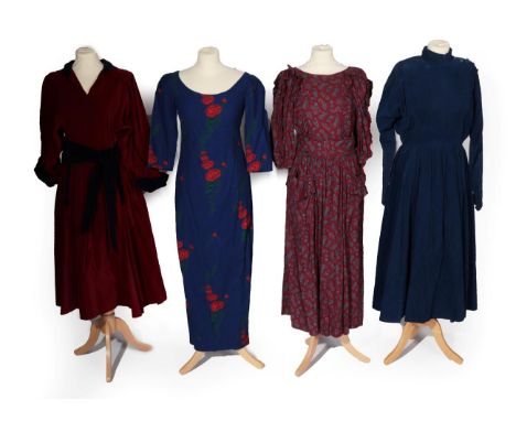 Four Circa 1980's Dresses by Droopy &amp; Browns York, comprising a royal blue corduroy bat wing long sleeve dress, full leng