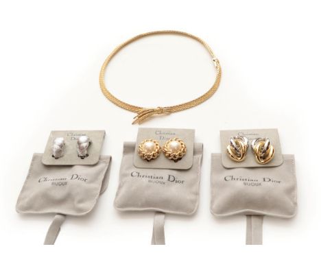 Three Pairs of Christian Dior Earrings, comprising of a simulated pearl within a yellow curb link collet setting, a white tex