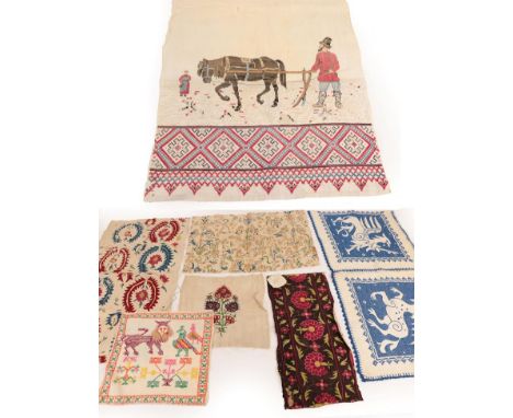 Late 19th/Early 20th Century Ottoman and Other Embroideries, comprising an unfinished panel of red and blue floral and leaf d