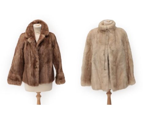 Cream Mink Jacket with leather ties to the neck and chest; Another Similar in Light Brown Mink with decorative buttons (2)