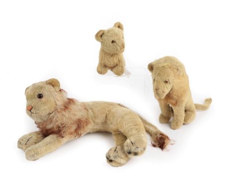 Circa 1930's and Later Lion Soft Toys, comprising a Steiff reclining lion, with pink stitched nose, claws and painted pads, 4