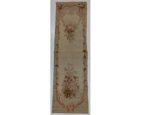 Early 19th Century Aubusson Entre-Fenetres Tapestry Panel, depicting a large oval cartouche enclosing pink and peach sprays o