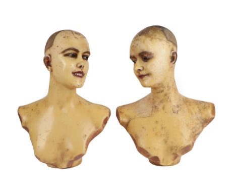 A Pair of Circa 1900 Possibly French Wax Mannequin Busts, modelled as young ladies, both with brown glass eyes, one has an op