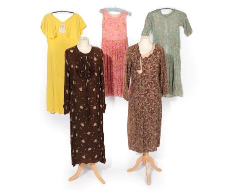 Four 1920's Day Dresses, comprising a brown checked 3/4 length sleeve dress, printed with colourful abstract flowers, with as