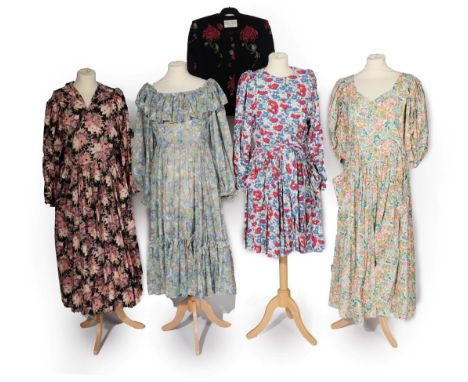 Four Circa 1980's Dresses and a Jacket by Droopy &amp; Browns York, comprising a pink and black floral checked cotton dress, 