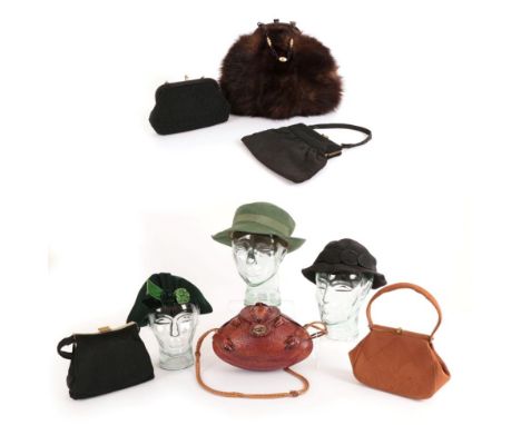 Assorted Circa 1940's Costume Accessories, including a brown Armadillo shoulder bag with a plaited shoulder strap; large fur 