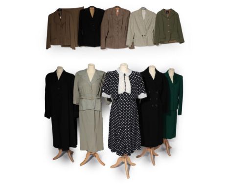 Assorted Circa 1940's/50's Ladies' Clothing, comprising a Taylors tan two piece suit, pretty jacket with shaped patch pockets