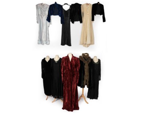 Assorted Circa 1920's/1930's and Later Ladies' Costume, comprising a red velvet full length robe with gold lamé lining; pale 